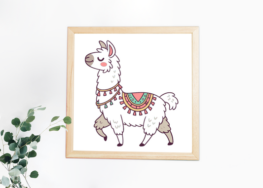 Cadre enchanteur avec lama style kawaii dans un décor exotique