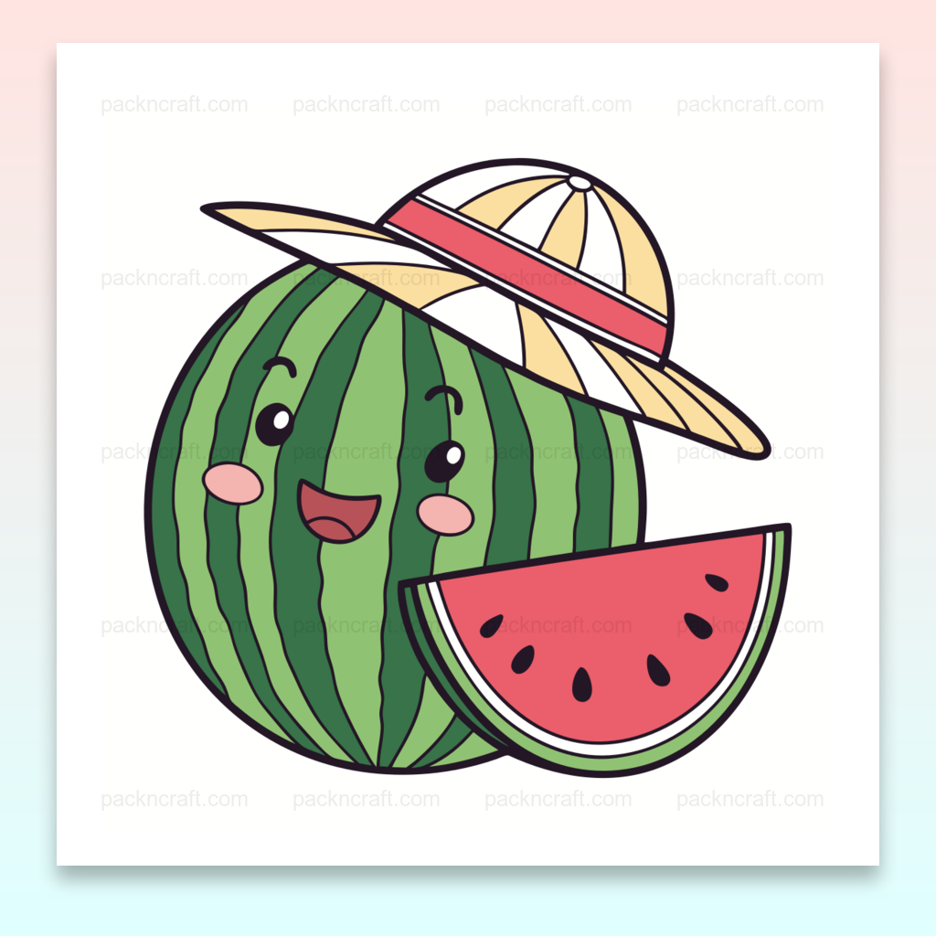 Illustration kawaii de pastèque joyeuse avec chapeau pour projets estivaux