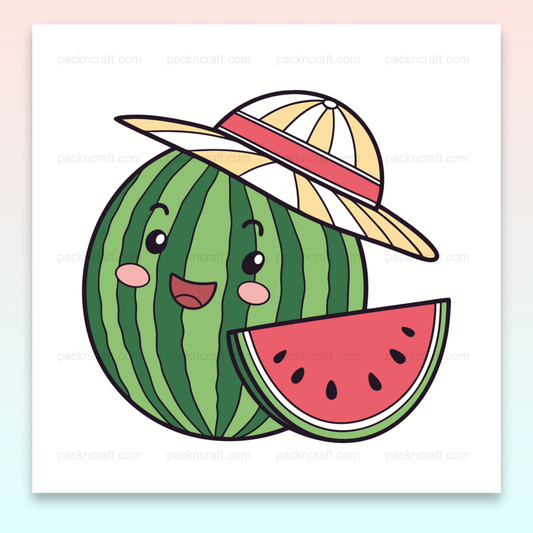 Illustration kawaii de pastèque joyeuse avec chapeau pour projets estivaux