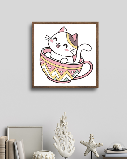 Cadre adorable avec chat joyeux style kawaii dans une tasse