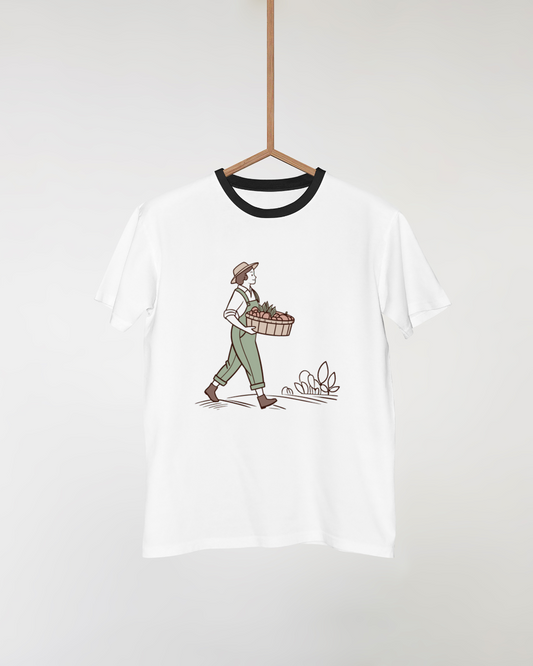 Fermière joyeuse portant légumes | SVG artistique vintage