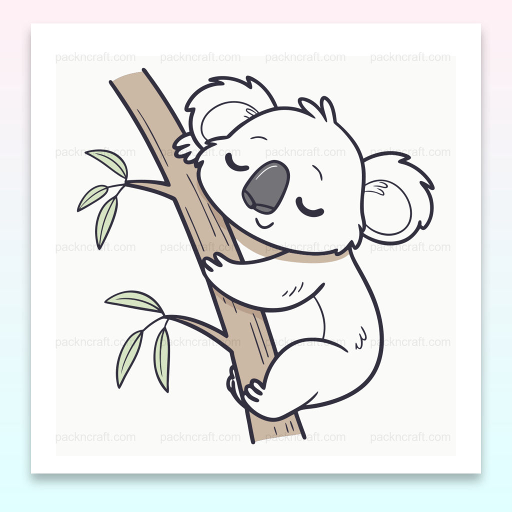 Illustration vectorielle d'un koala détendu grimpant, idéale pour papeterie et décoration.