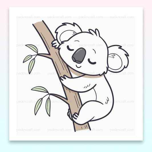 Illustration vectorielle d'un koala détendu grimpant, idéale pour papeterie et décoration.