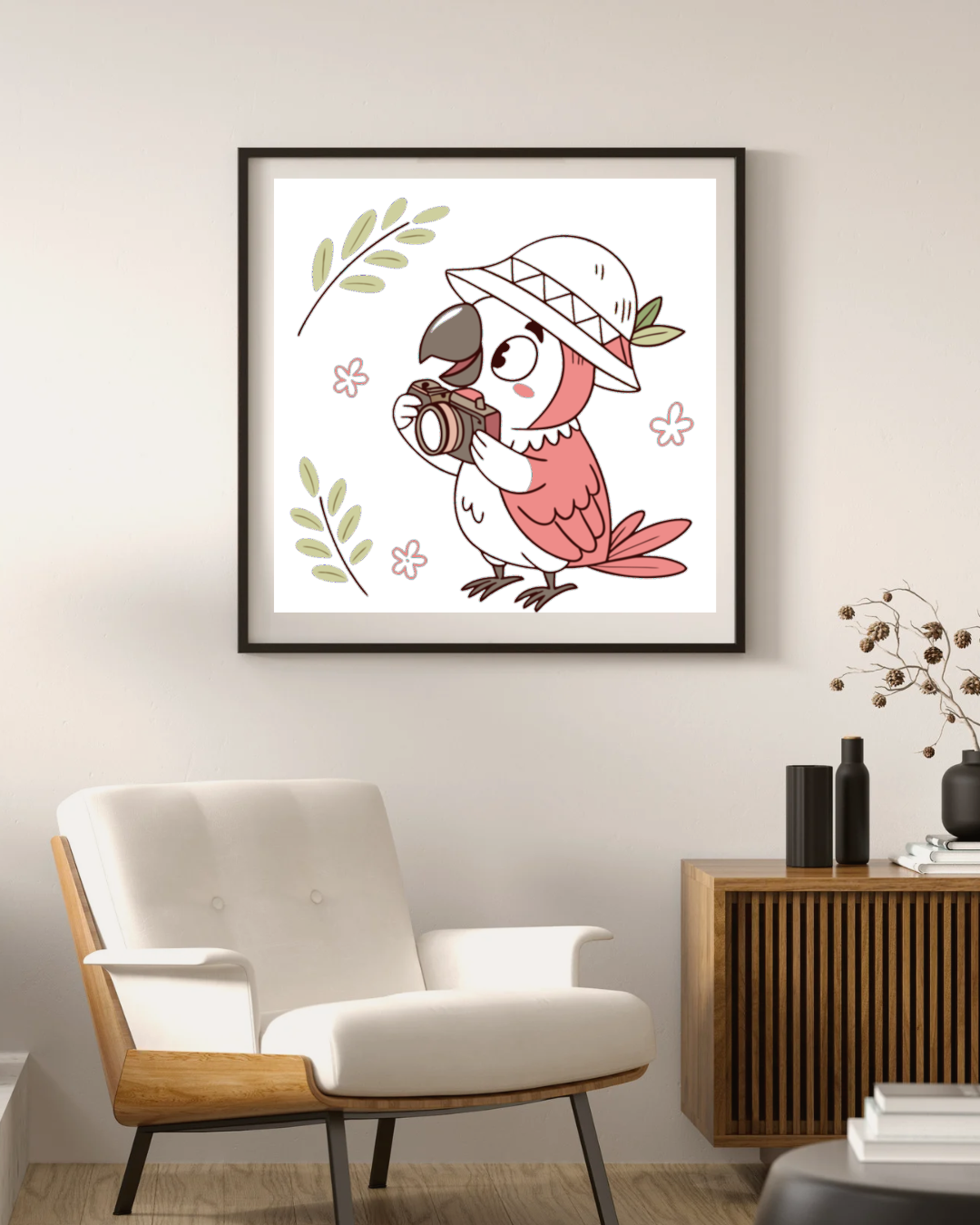 Cadre tropical style kawaii avec un perroquet curieux photographe