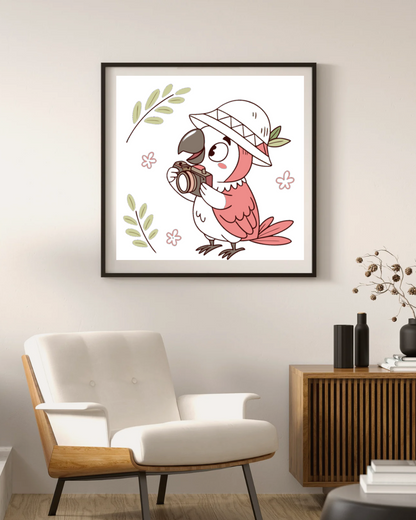 Cadre tropical style kawaii avec un perroquet curieux photographe