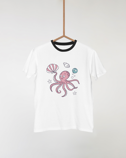 T-shirt orné d'un poulpe joyeux et trésors marins style océan ludique