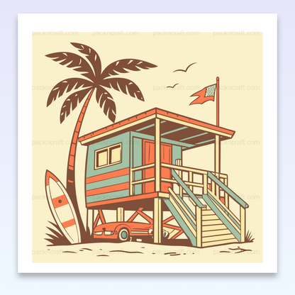 Illustration vintage d'une cabane de surfeur avec planche sur fond de plage ensoleillée.
