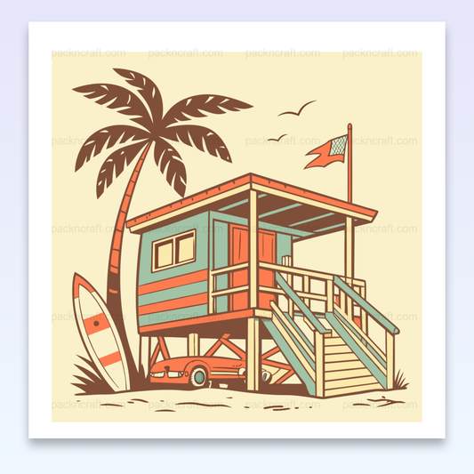 Illustration vintage d'une cabane de surfeur avec planche sur fond de plage ensoleillée.