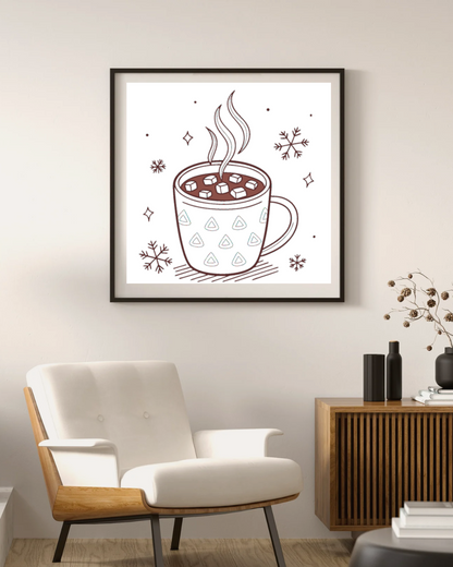 Cadre avec décor hivernal numérique cosy représentant une tasse de chocolat chaud