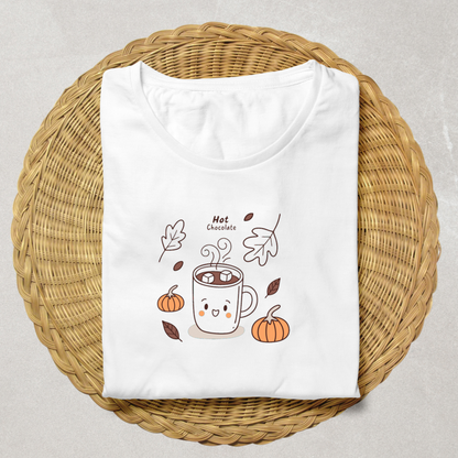 T-shirt automnal avec motif kawaii de chocolat chaud, idéal pour la saison