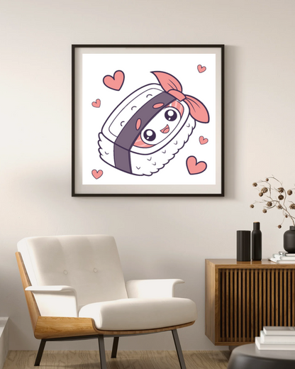 Cadre déco avec sushi mignon sur fond gourmand pour cuisine tendance