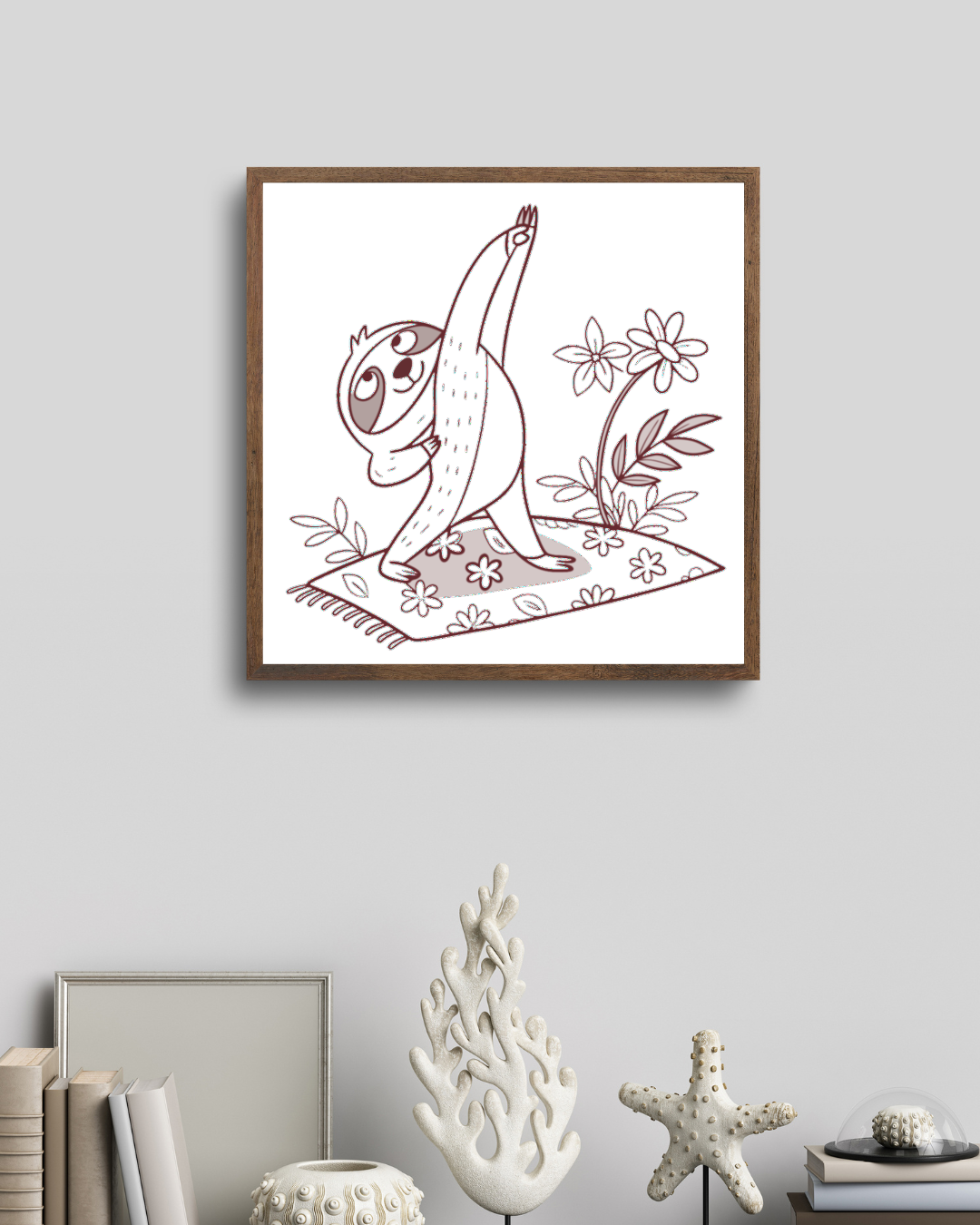 Cadre avec paresseux en yoga, ambiance nature, style doodle apaisant