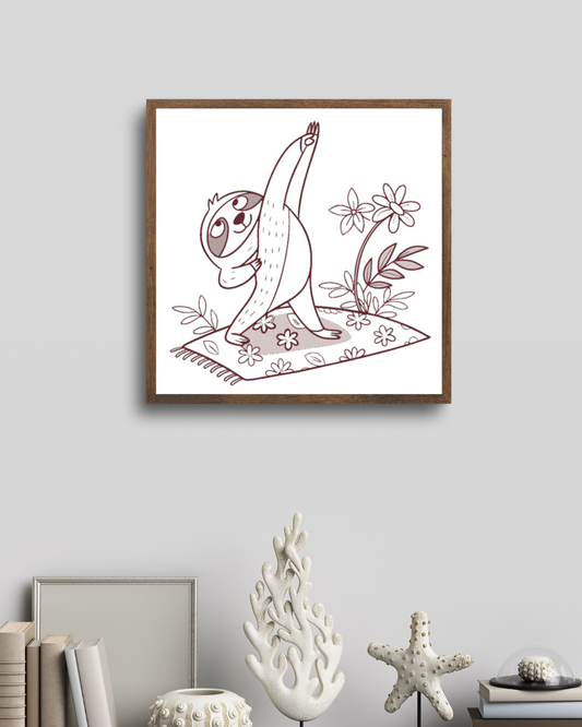 Cadre avec paresseux en yoga, ambiance nature, style doodle apaisant