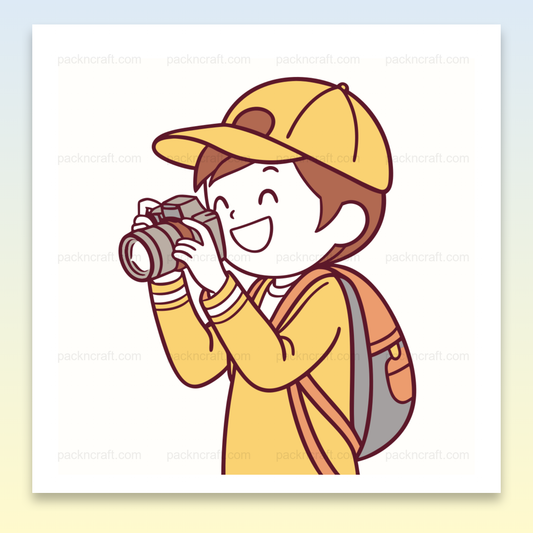 Illustration joyeuse d'un explorateur avec appareil photo pour projets créatifs.