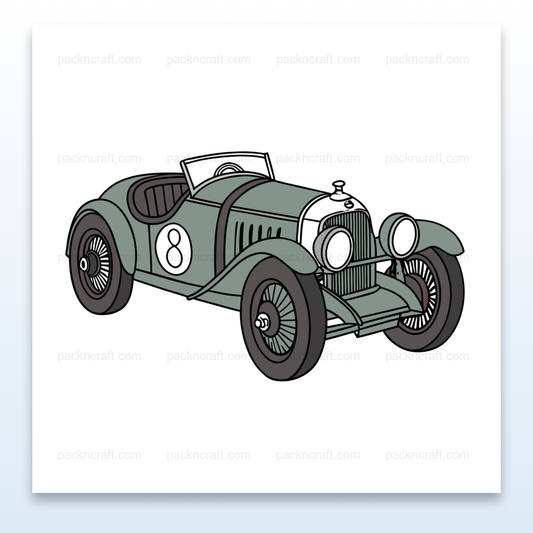 Illustration vintage de voiture de course pour projets créatifs et éducatifs., Vue d'une tasse avec une voiture de course vintage, idéal pour cadeaux rétro., T-shirt avec impression de voiture de course vintage, parfait pour les amateurs de rétro., Sticker de voiture ancienne, idéal pour décoration vintage., Cadre avec illustration de voiture de course, ajout élégant à une déco rétro.