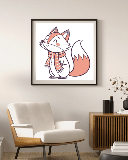 Cadre en bois exposant un renard souriant avec écharpe dans une ambiance hivernale