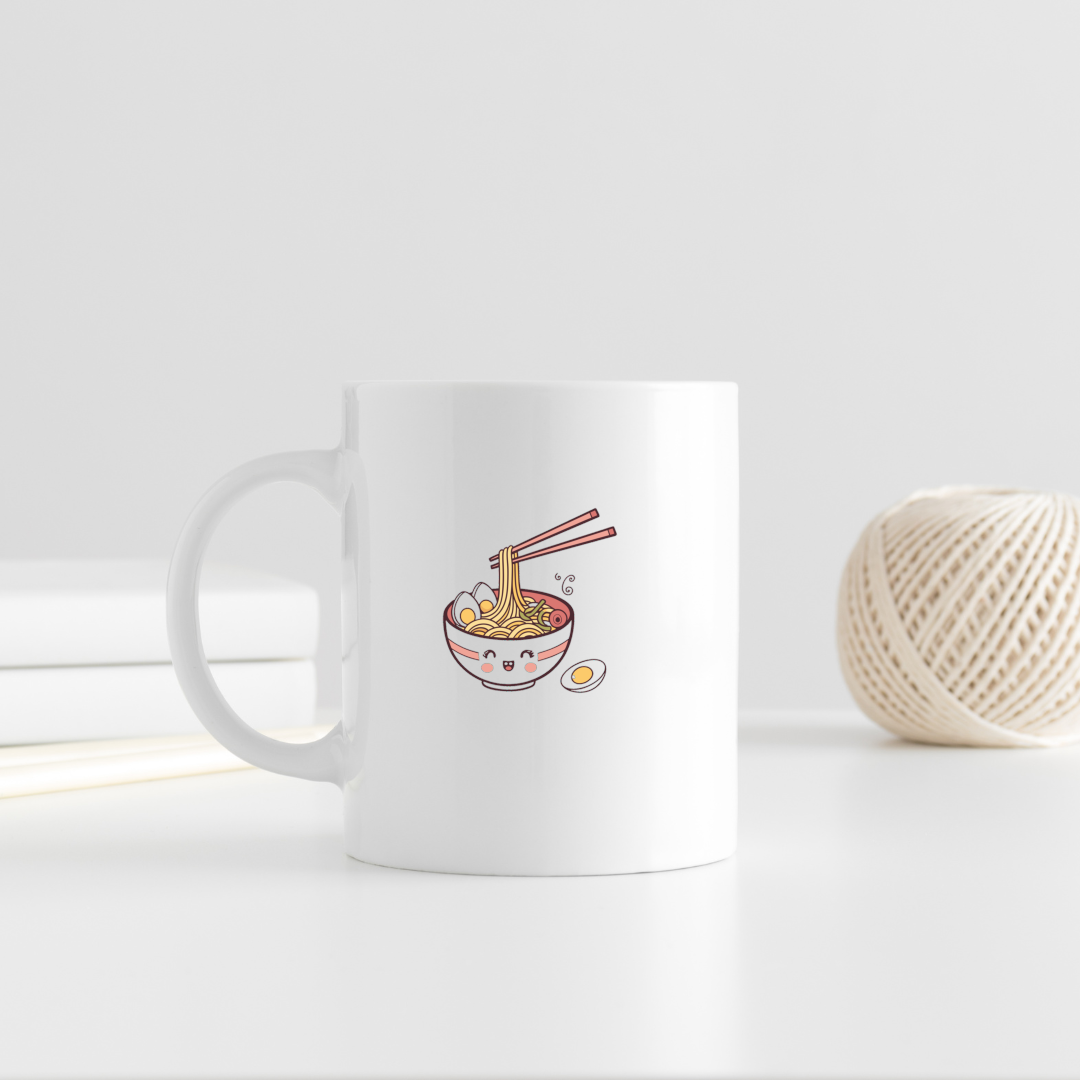 Mug avec bol de ramen kawaii souriant dans un style cuisine amusant