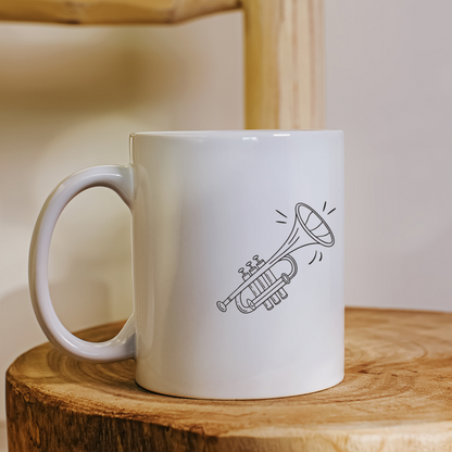 Mug blanc orné d'une trompette éclatante au design moderne ambiance musicale