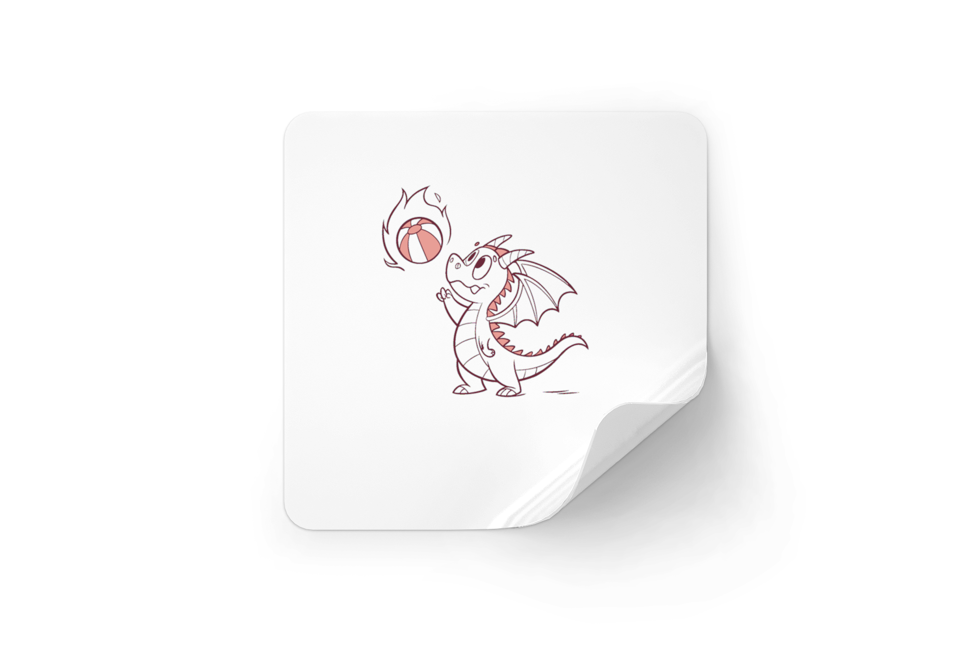 Sticker fantaisie cartoon illustrant un dragon joueur lançant une balle de feu