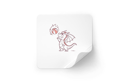 Sticker fantaisie cartoon illustrant un dragon joueur lançant une balle de feu
