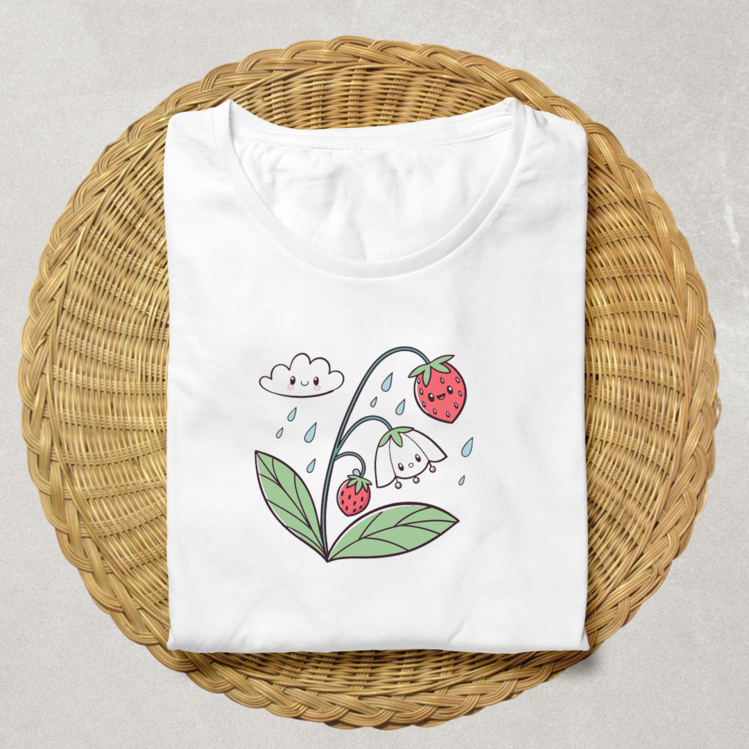 T-shirt avec fraise souriante et nuage joyeux, style kawaii printanier vibrant