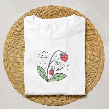 T-shirt avec fraise souriante et nuage joyeux, style kawaii printanier vibrant