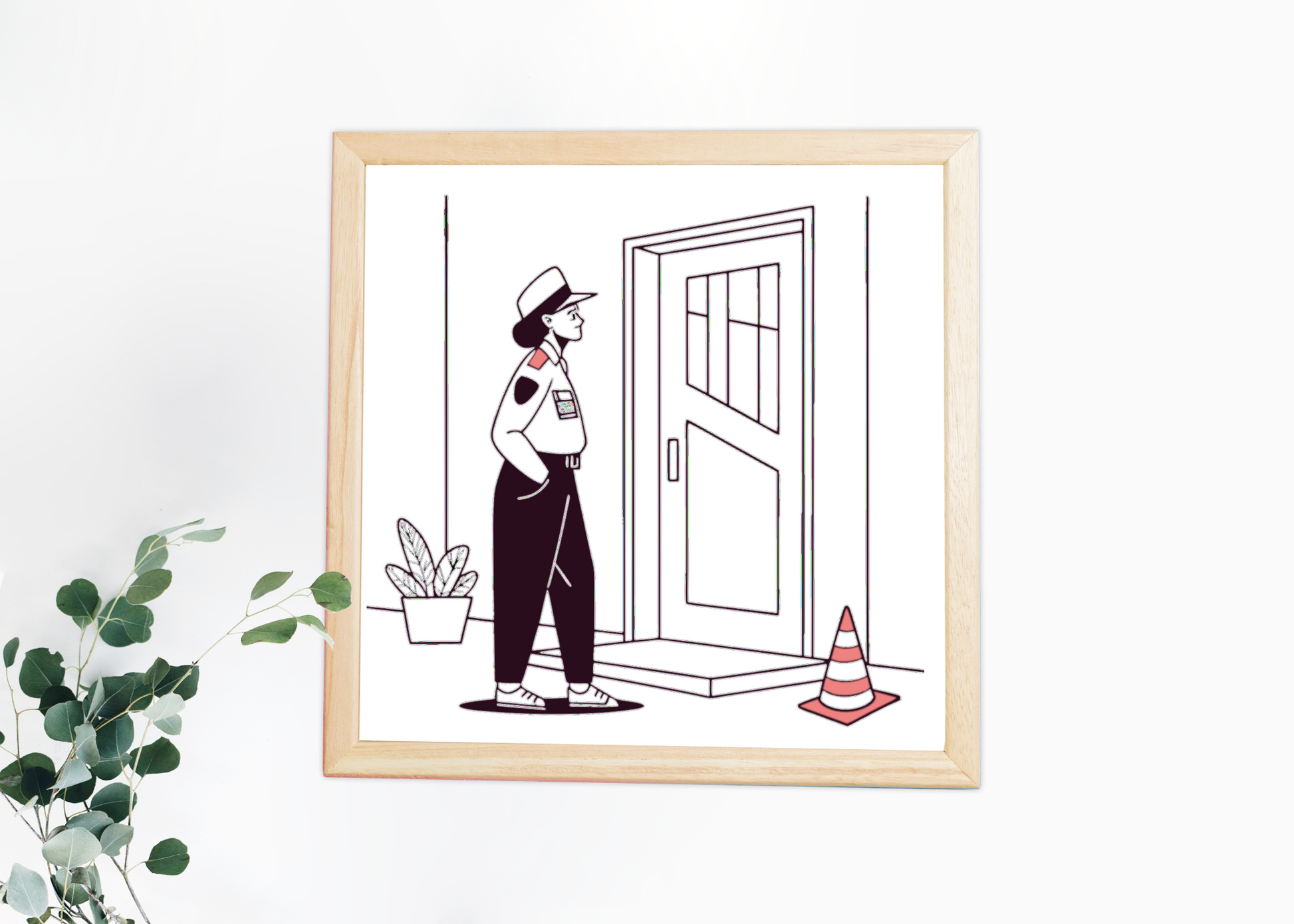 Illustration agent de sécurité devant porte, parfait pour affiches., Design vectoriel numérique agent sécurité, utilisation sur papeterie., Graphisme d'un agent de sécurité pour impression sur mugs., Simulation d'une illustration agent de sécurité sur t-shirt., Agent de sécurité en vectoriel adapté pour stickers.