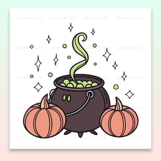 Illustration d'un chaudron magique fumant entouré de citrouilles, idéale pour Halloween.