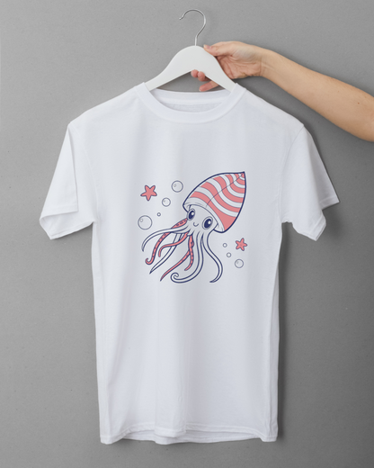 T-shirt cartoon avec calmar souriant aquatique attire l'œil et enchante
