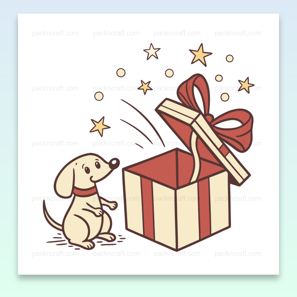 Illustration d'un chien curieux explorant un coffret plein d'étoiles pour décorations et DIY