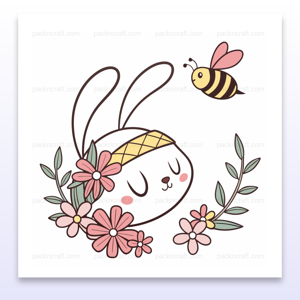 Illustration de lapin méditatif entouré de fleurs, idéale pour papeterie et déco.