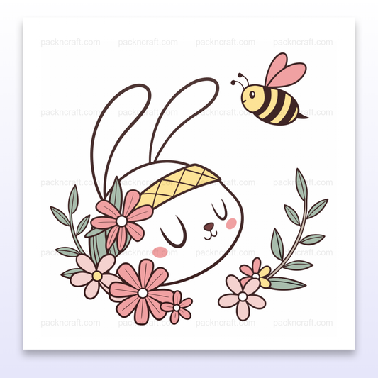 Illustration de lapin méditatif entouré de fleurs, idéale pour papeterie et déco.