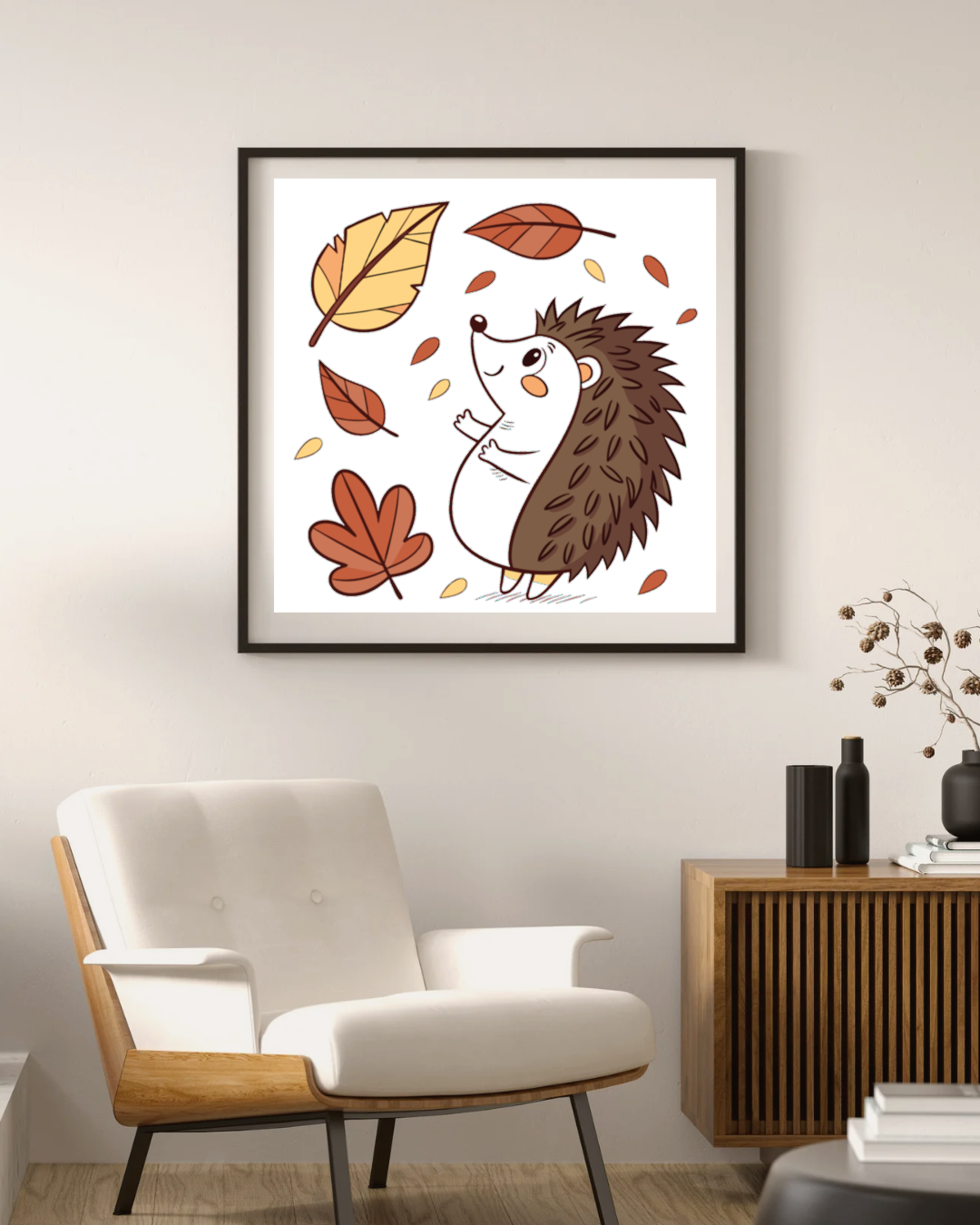 Cadre décoratif automnal avec hérisson joyeux en style doodle parmi les feuilles