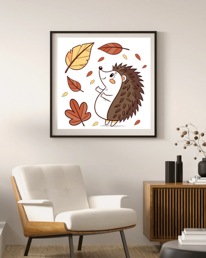 Cadre décoratif automnal avec hérisson joyeux en style doodle parmi les feuilles