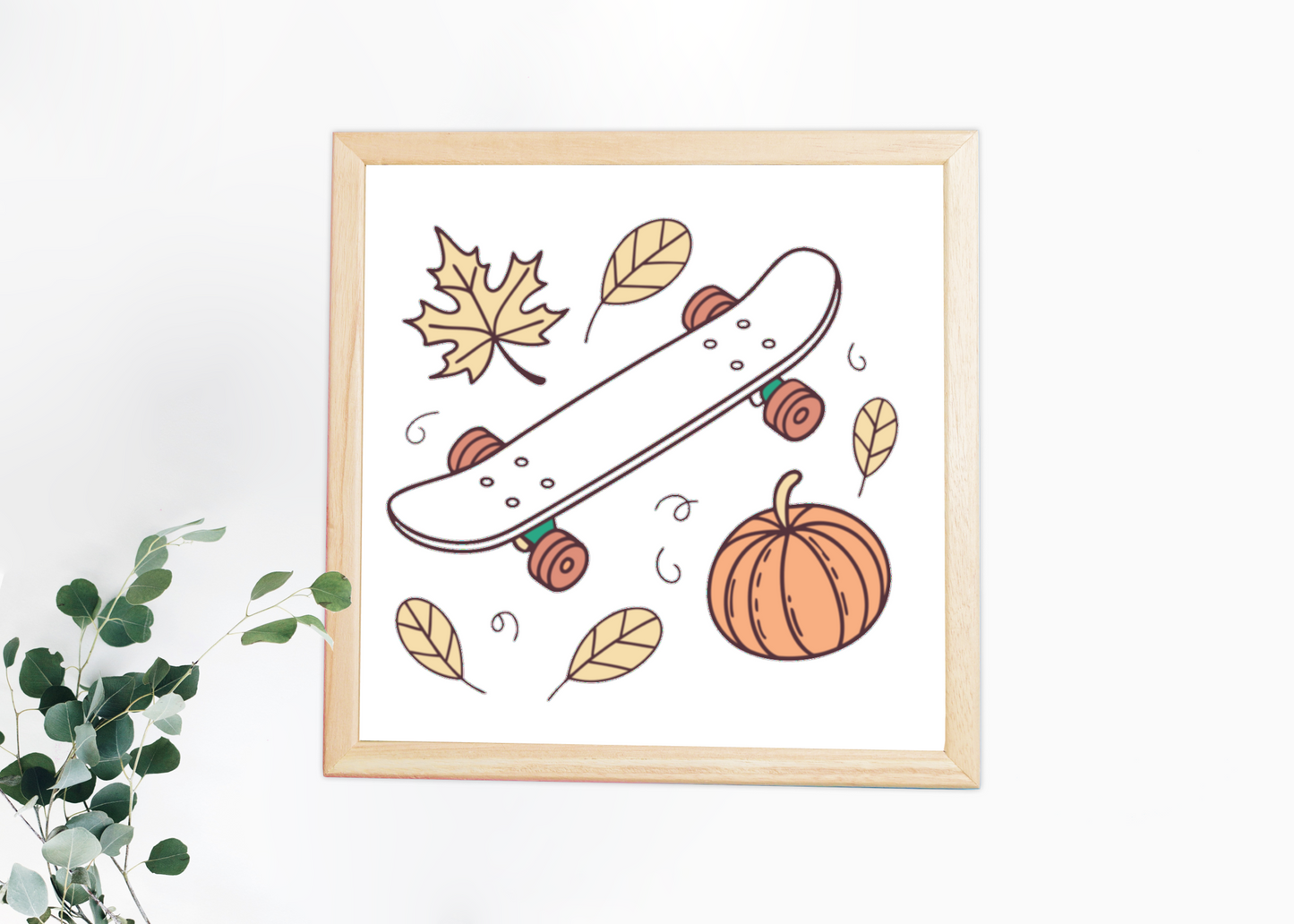 Cadre décoratif avec skateboard pastel et ambiance Halloween automnale