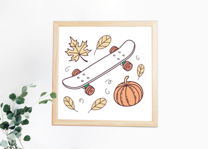 Cadre décoratif avec skateboard pastel et ambiance Halloween automnale