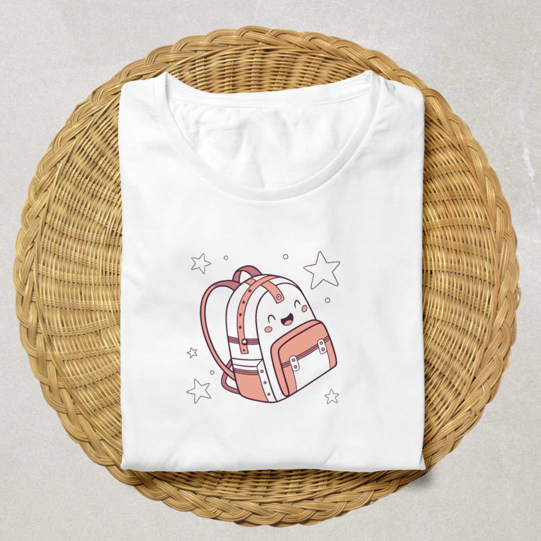 T-shirt avec cartable étoilé au style minimaliste sur fond rêveur parfait pour l'école
