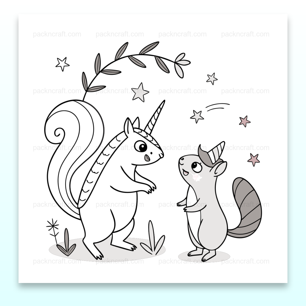 Illustration de licorne et écureuil en amitié, style svg kawaii pour projets créatifs