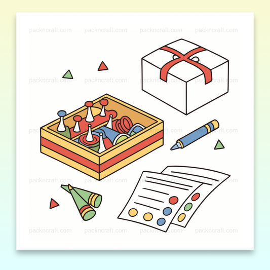 Illustration de jeux éducatifs en boîte avec un style coloré et minimaliste