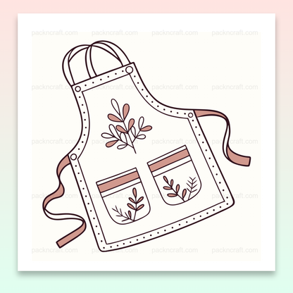 Illustration de tablier stylisé avec motifs botaniques, usage cuisine et déco