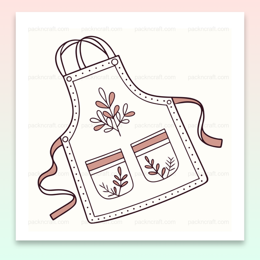 Illustration de tablier stylisé avec motifs botaniques, usage cuisine et déco