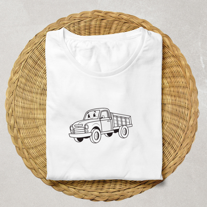 Motif de camion cartoon souriant sur un t-shirt enfantin coloré et ludique