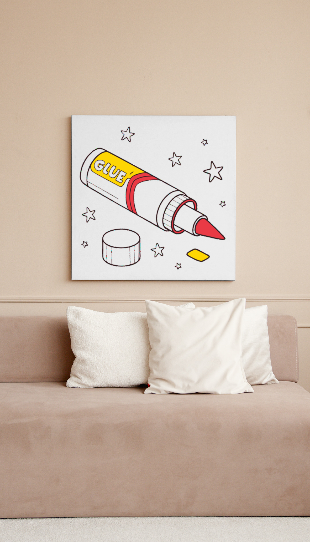 Cadre créatif avec tube de colle et étoiles en style flat pour DIY déco