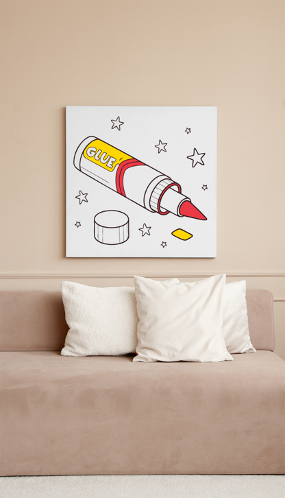 Cadre créatif avec tube de colle et étoiles en style flat pour DIY déco