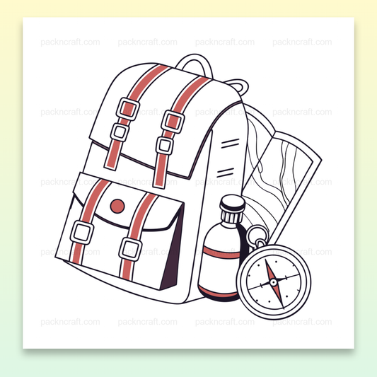 Illustration minimaliste d'un sac à dos d'exploration avec carte et boussole, idéale pour projets créatifs et de voyage.