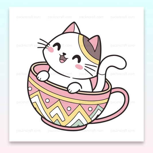 Illustration kawaii d'un chat joyeux dans une tasse, idéale pour projets DIY, papeterie ou déco.