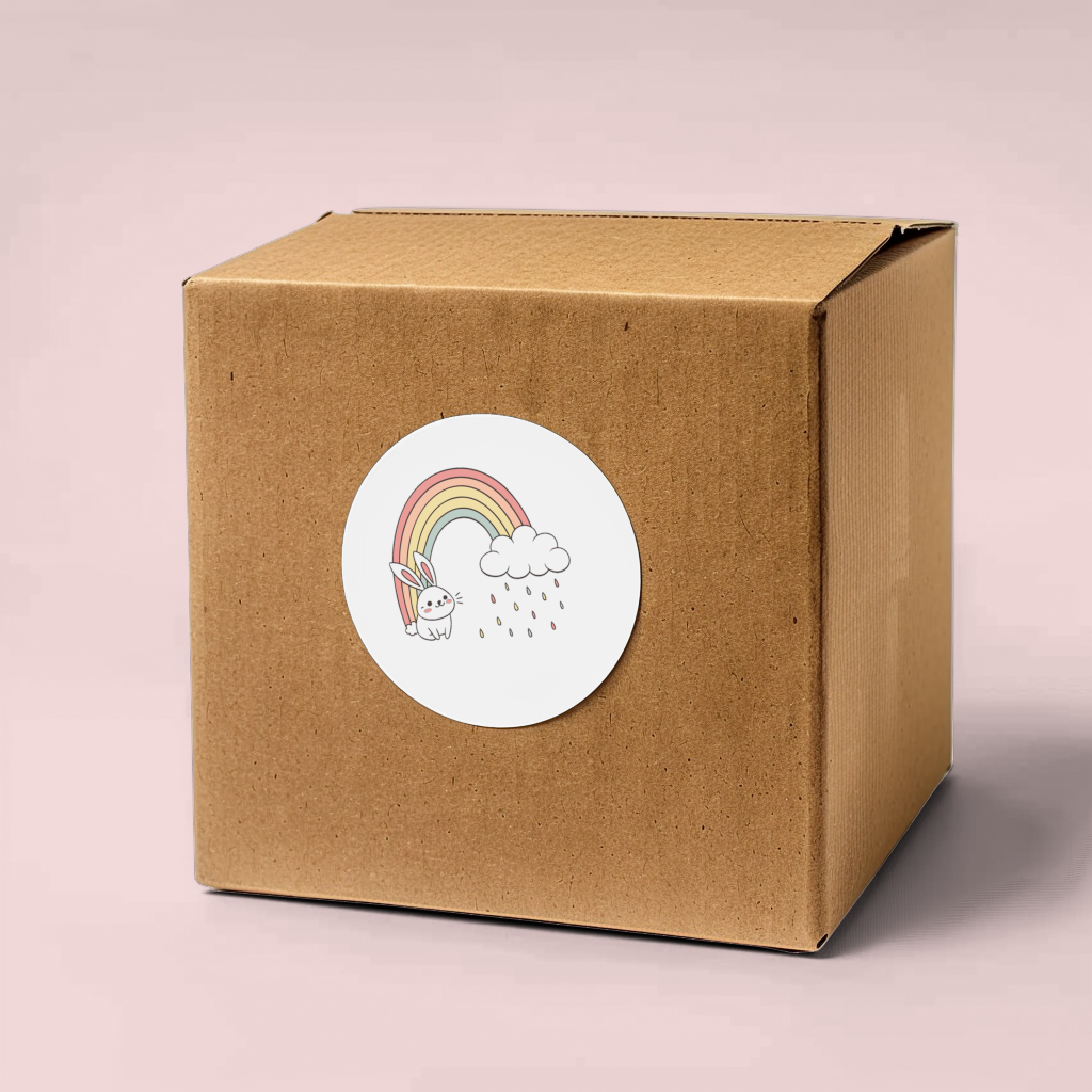 Sticker avec un lapin joyeux et arc-en-ciel dans un style printanier coloré