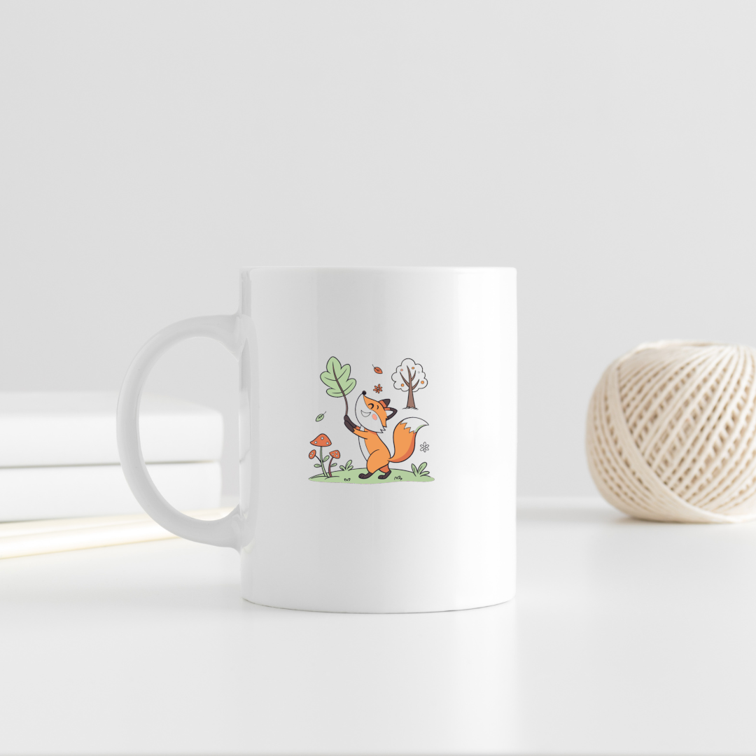 Mug avec renard joyeux sautillant, style flat, idéal pour promenades en forêt
