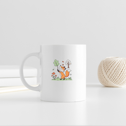 Mug avec renard joyeux sautillant, style flat, idéal pour promenades en forêt