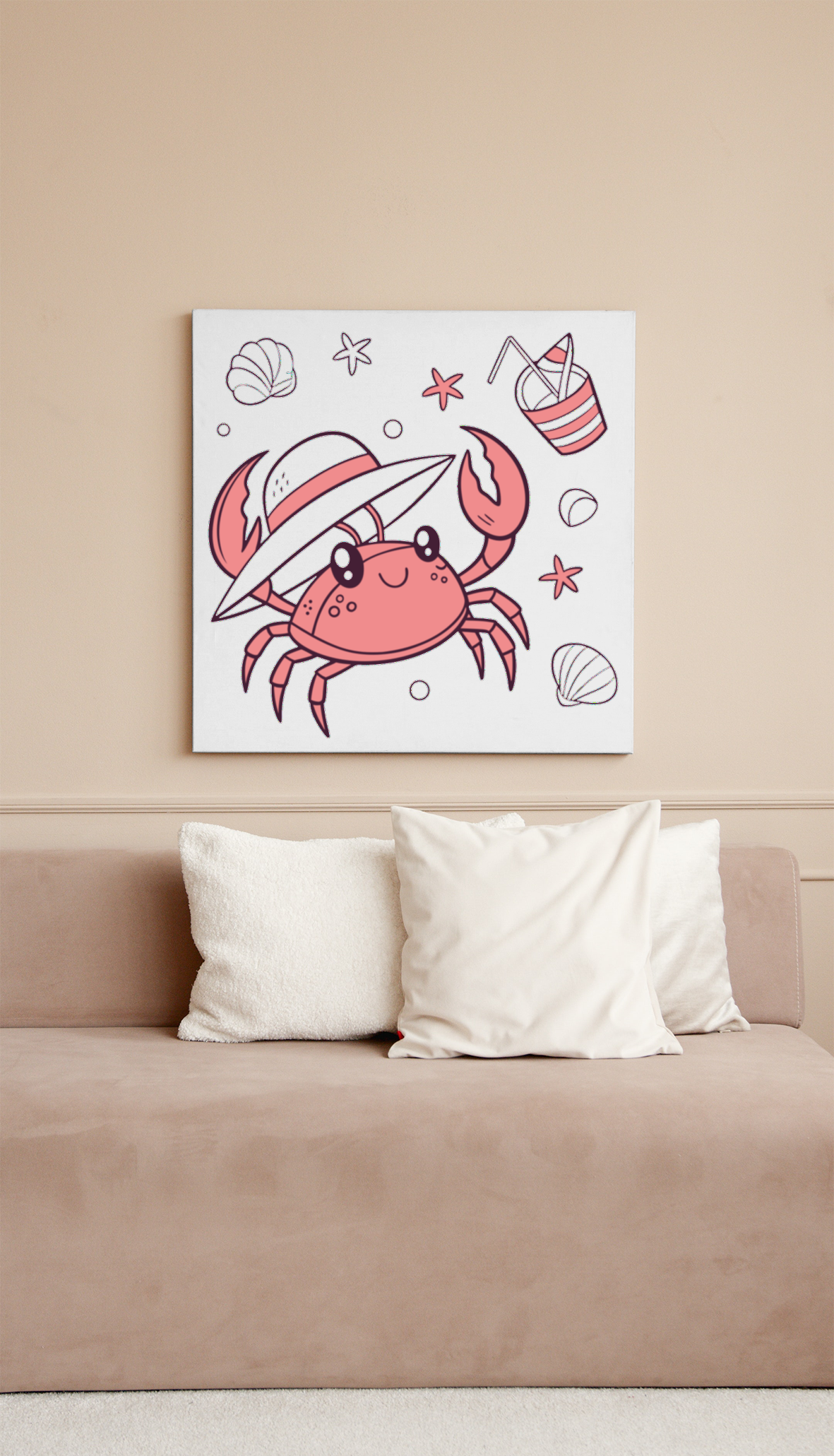 Cadre avec crabe joyeux en doodle sur fond de plage thème vacances éclatant